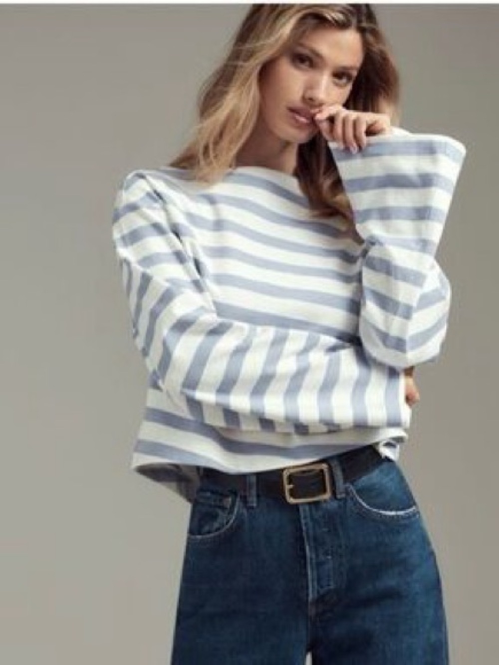 Anthropologie Maeve Boat Neck Diagonal Stripe Bell Sleeve Top Women’s M PETITE